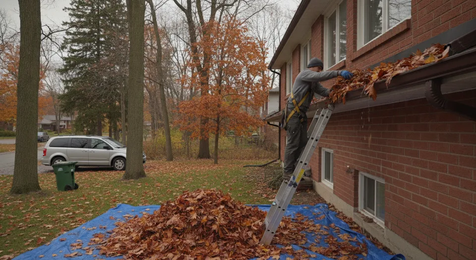 A worker on a ladder clearing wet maple leaves from an eavestrough on a brick two-storey house in Cambridge, Ontario